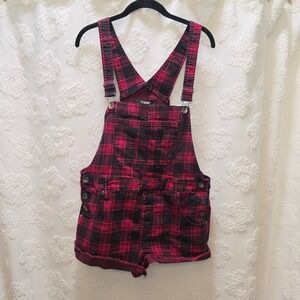 Hot Topic HT Denim Red Black Plaid Skull Shortalls Overalls Womens Large LG